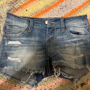Daytrip Distressed Frayed Hem Jean Shorts - Blue